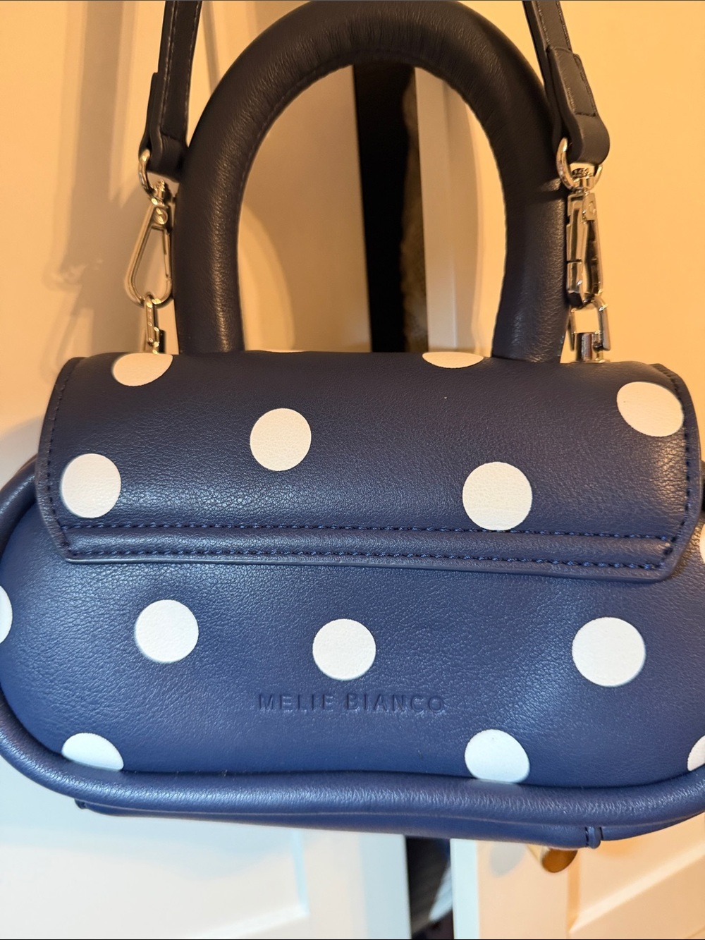 Melie Bianco Navy and White Polka Dot Mini Top-Handle Bag